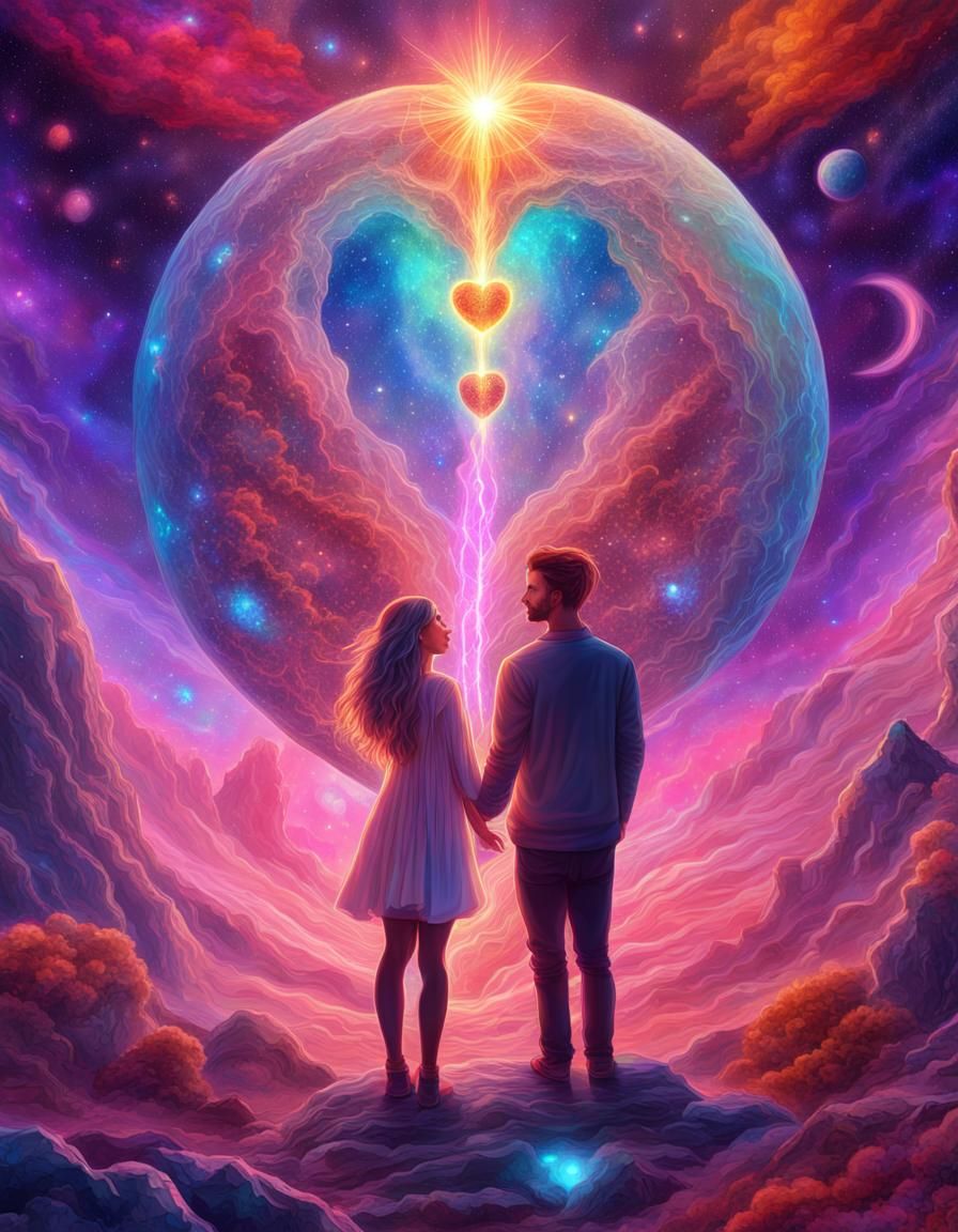 Fantasy Universe: Cosmic Love in Mixed Media Style