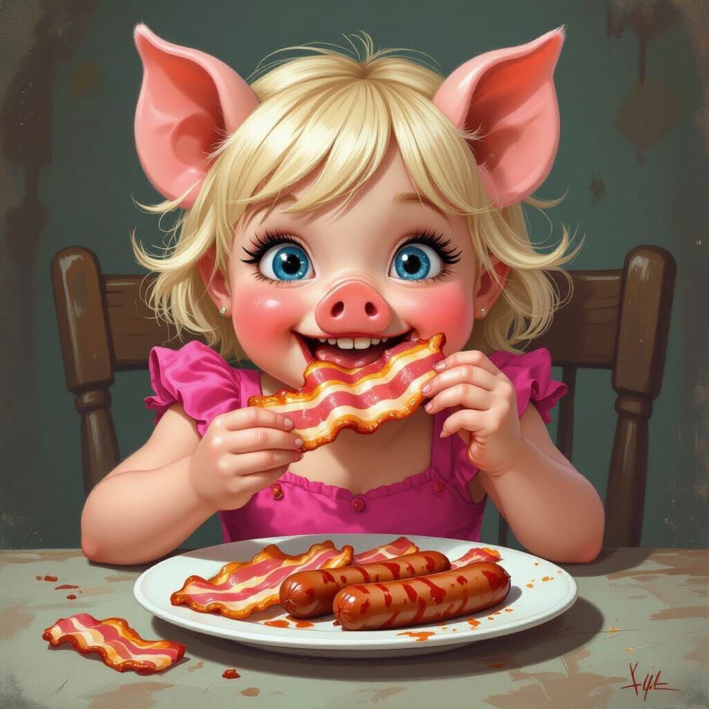 Girl Pig Hybrid Devouring Bacon in Garbage Pail Kids Style
