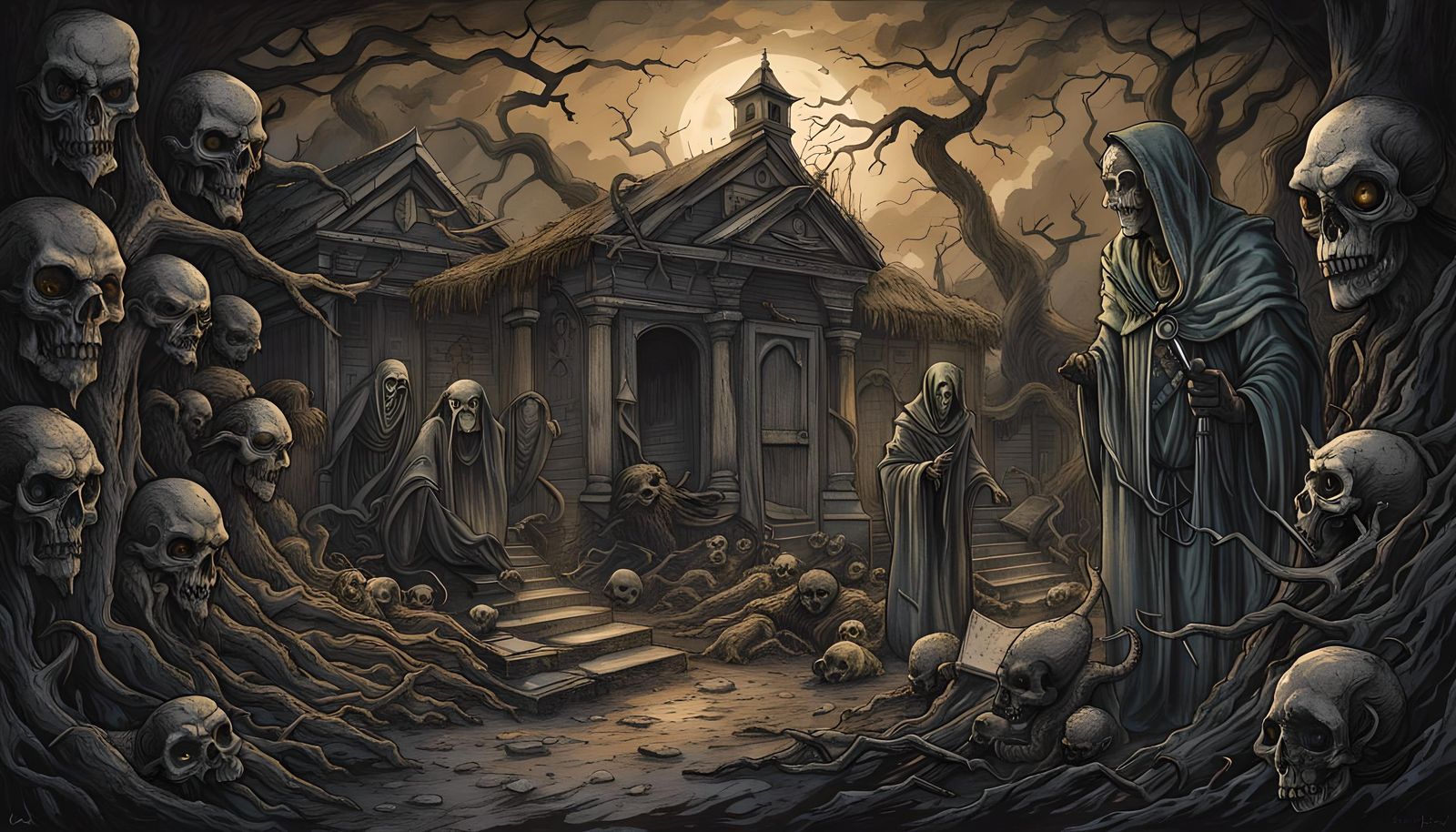 Haunted Cemetery: Creepy Digital Painting in Dark Fantasy St...