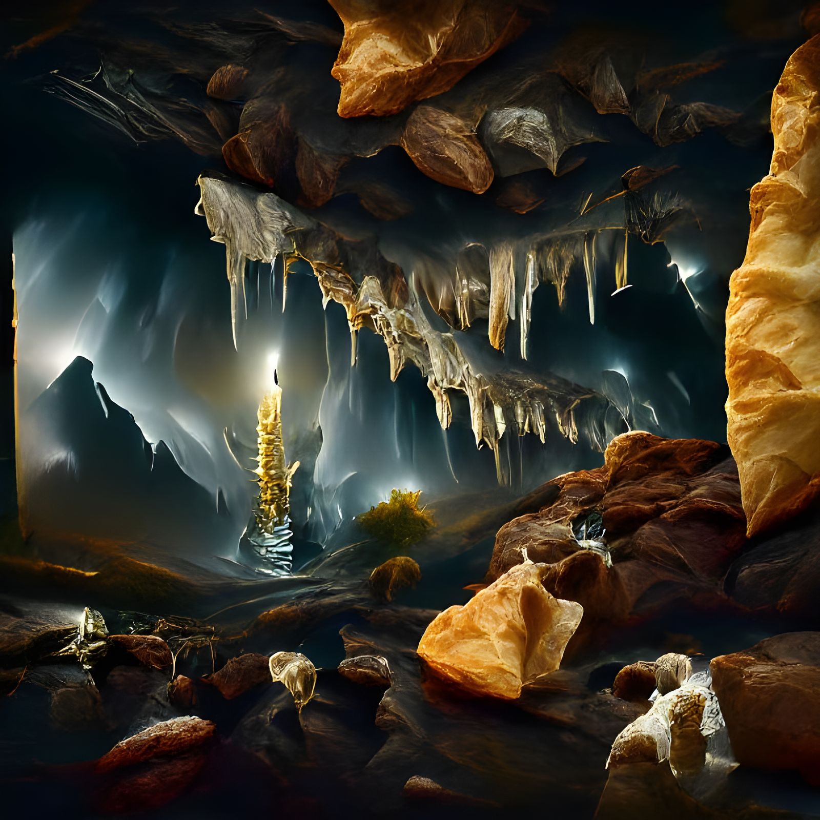 Dragon Bone Cave with Quartz Stalagmites, Photorealistic Ill...