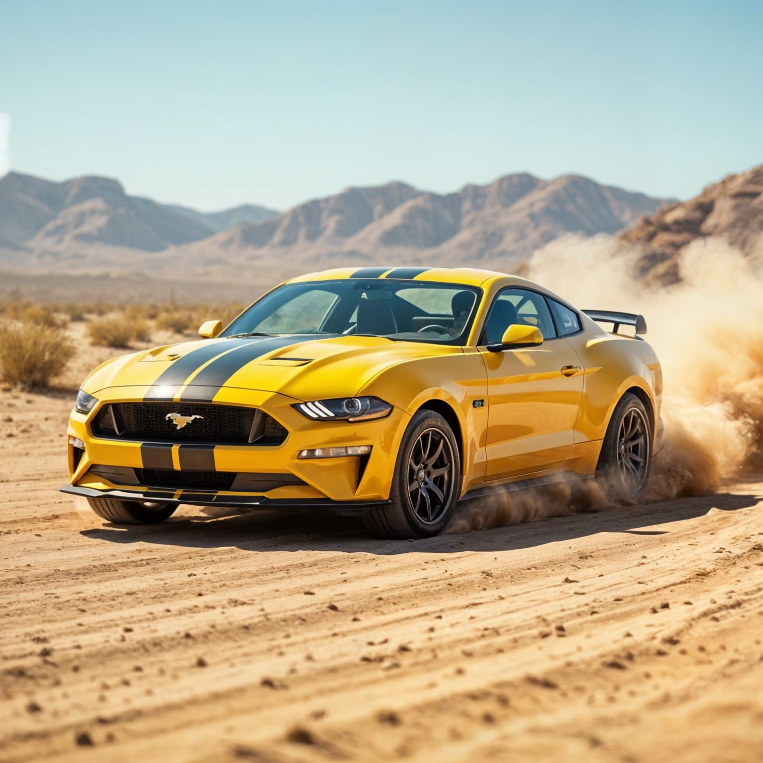 Yellow Ford Mustang Races Through Desert Landscape