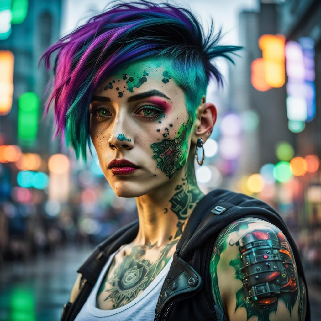 Cyberpunk Woman with Tattoos and Multicolored Hair