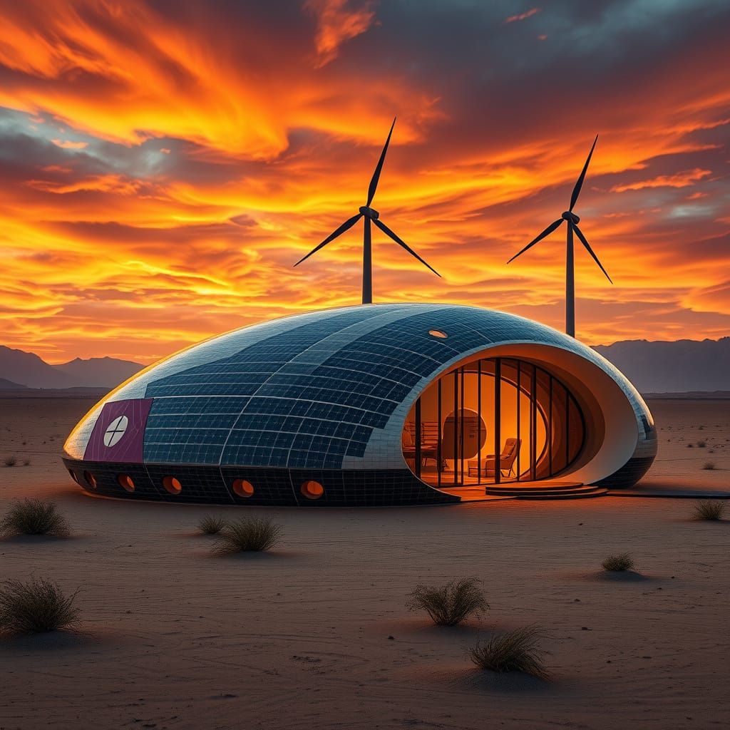 Solarpunk Oasis in Desert Sunset
