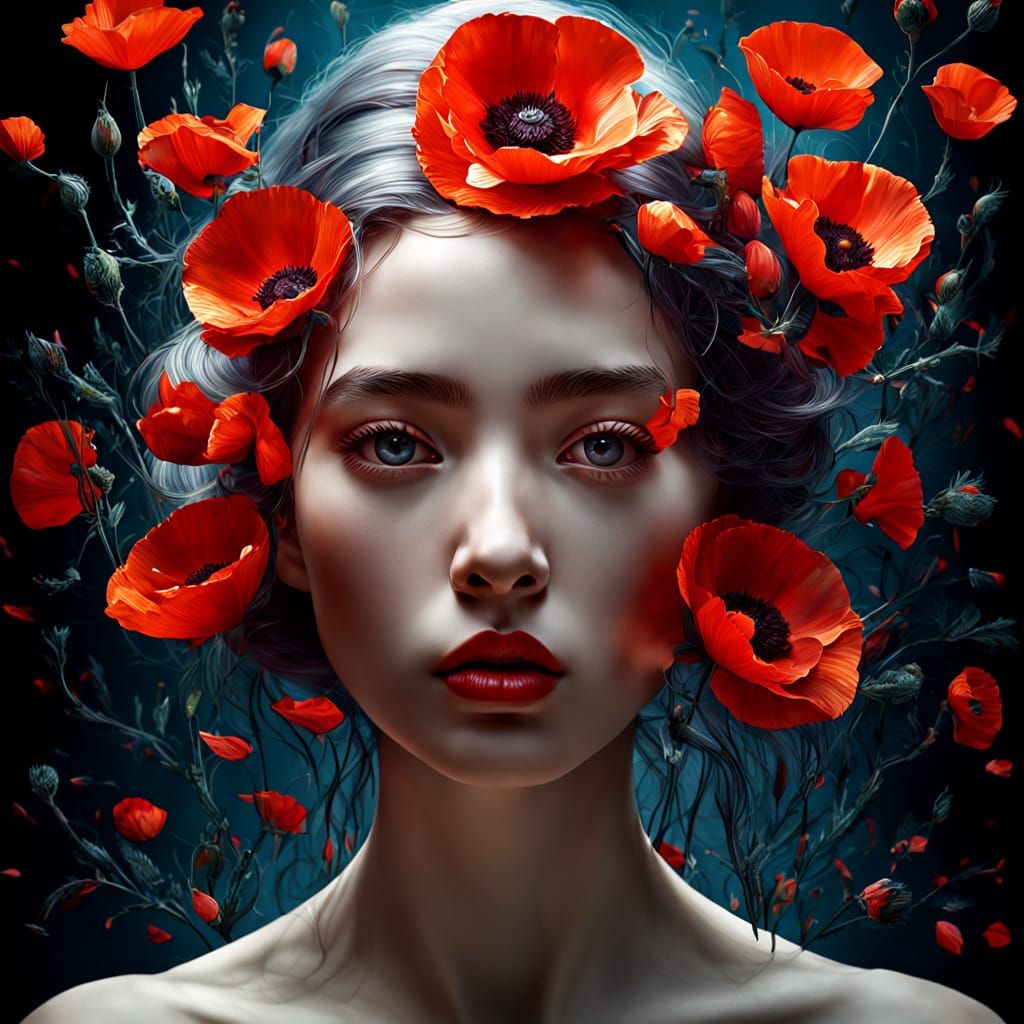 Surreal Floral Transformation: Woman's Head Replaced by Popp...