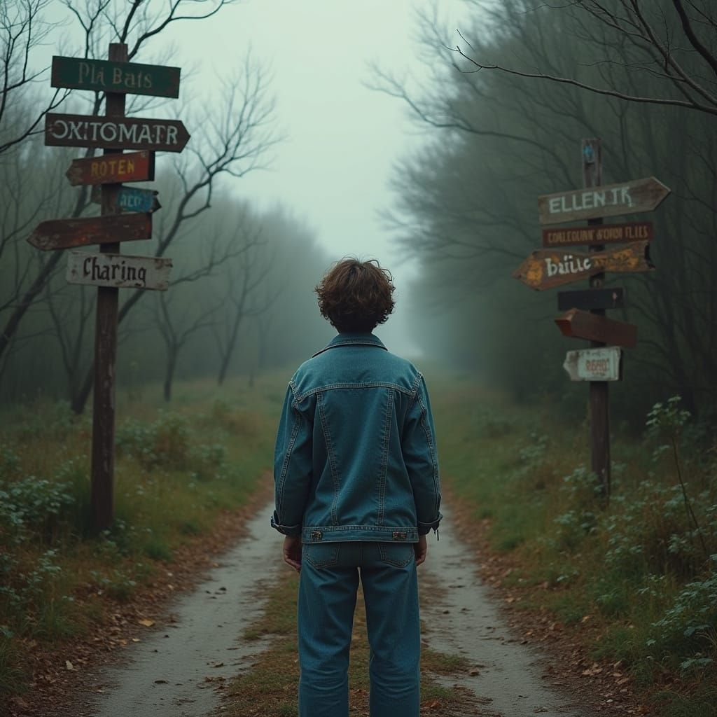 Person at Crossroads in Atmospheric Landscape
