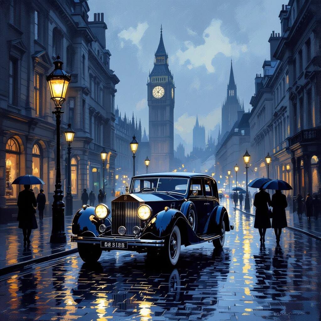 Vintage Rolls-Royce on London Street at Twilight