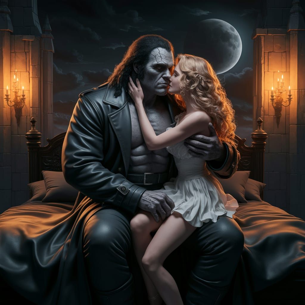 Gothic Dark Lord Embraces Love in Moonlit Castle