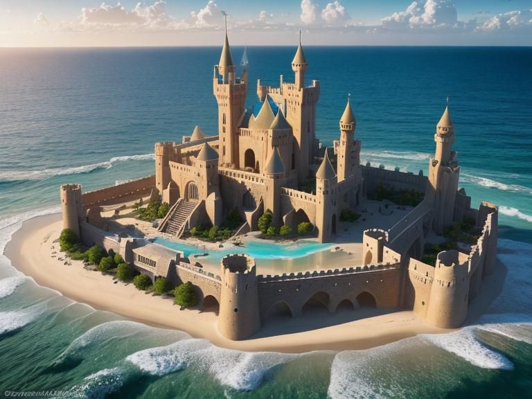 Intricate Sandcastle on Sunny Beach in Hyperrealism
