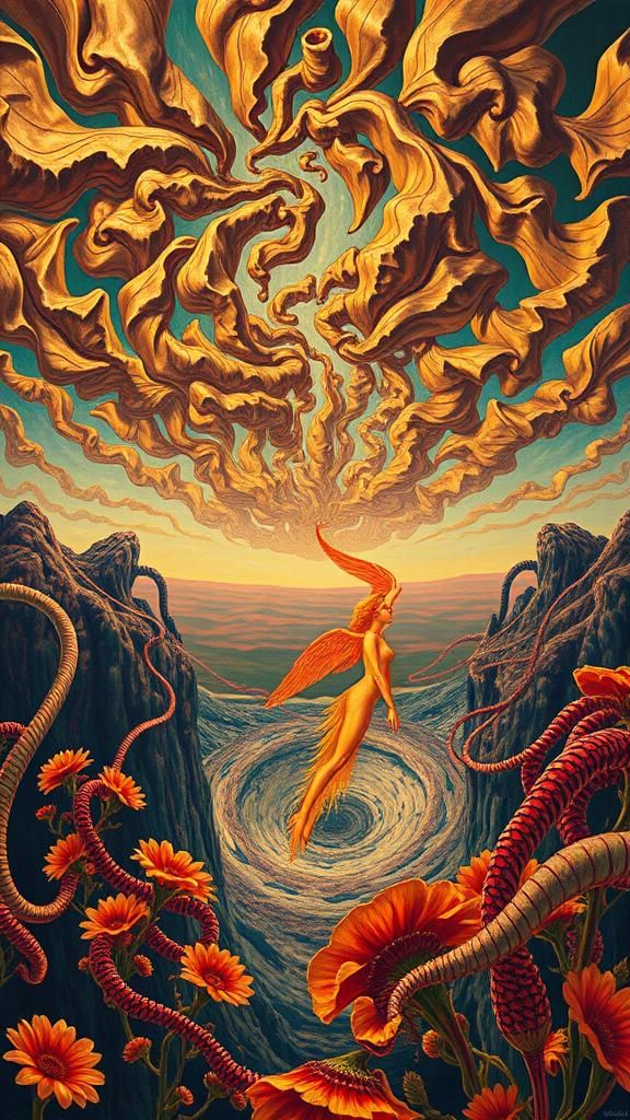 Surreal Landscape with Elastic Flora and Flaming Fairy