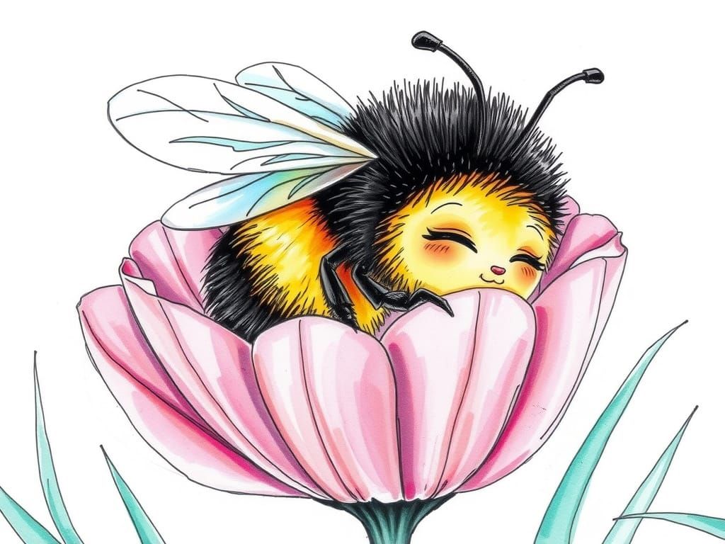 Sleepy Bumblebee in Flower Bed, Animated Sketch