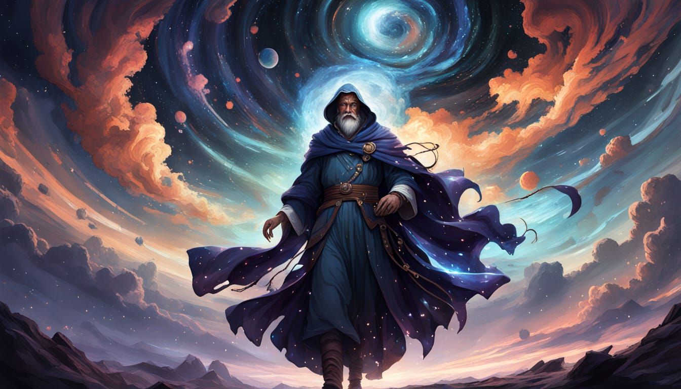 Old Sage Gazing at Swirling Nebula in Deep Space