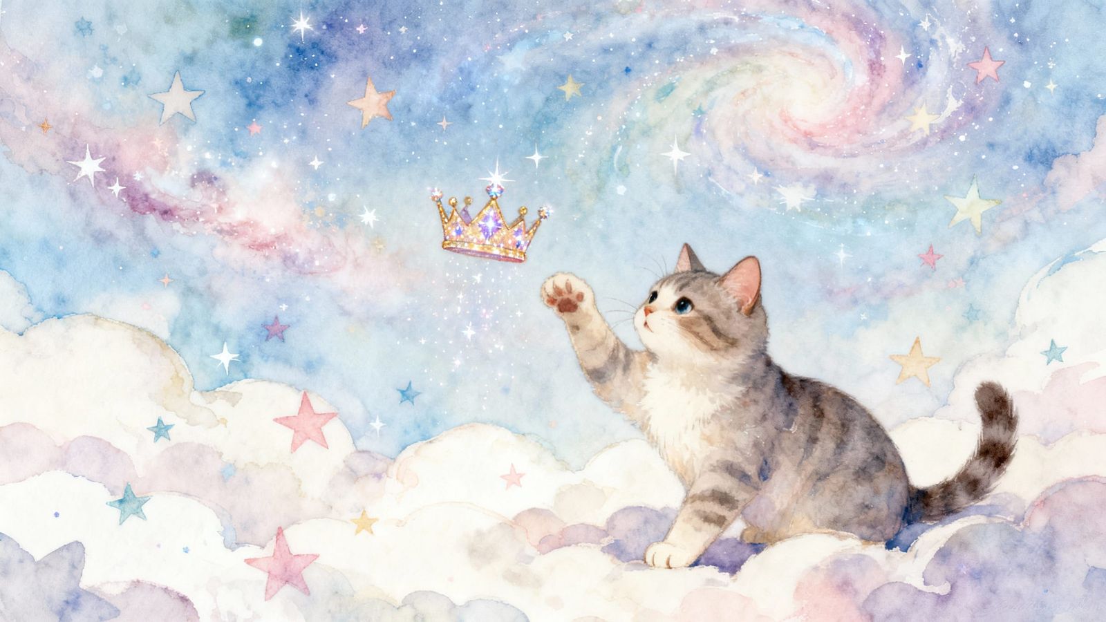 Whimsical Watercolor Cat Plays with Celestial Crown