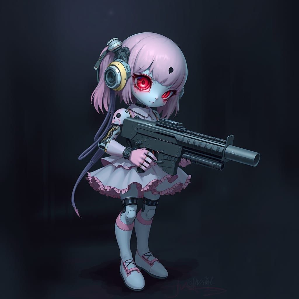 Cyborg Girl in Dark Biomechanical Scene with High-Tech Gun