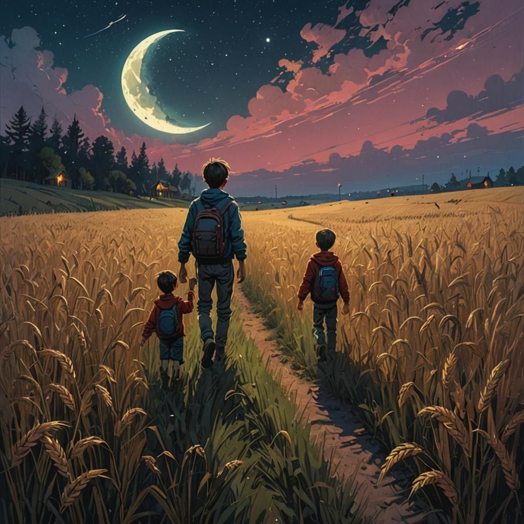 Boy in Wheat Field Under Starry Night Sky