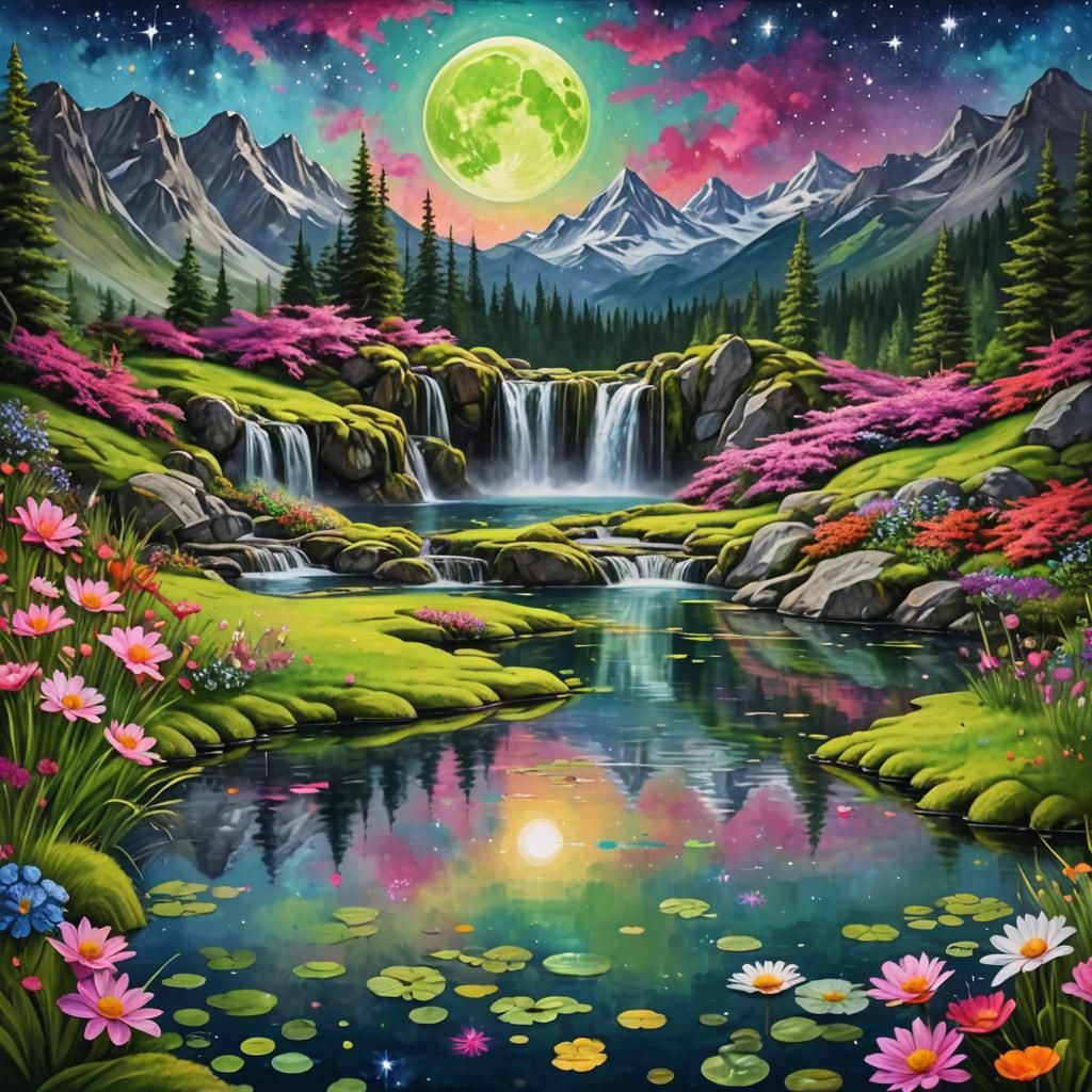 Pond With Waterfall and Flowers in Acrylic