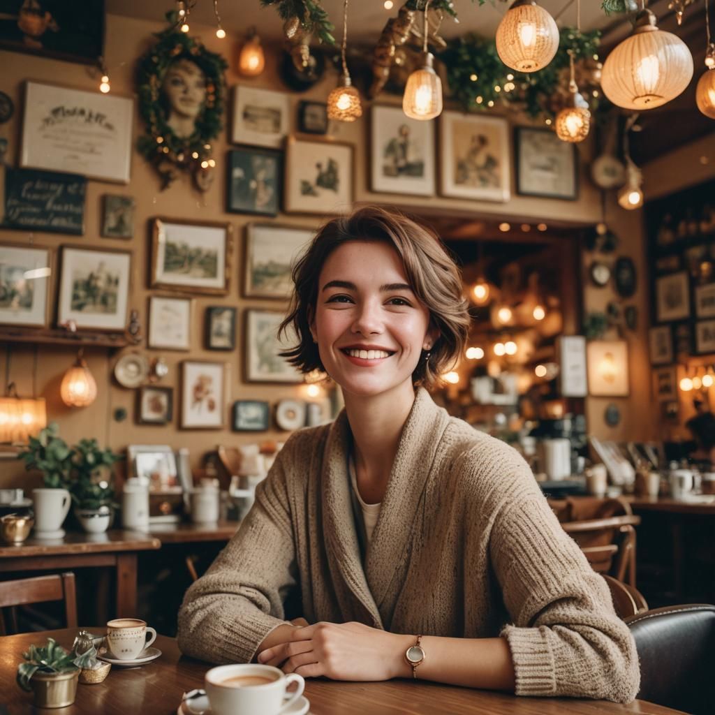 Cozy Cafe Portrait with Warm, Film-Inspired Style