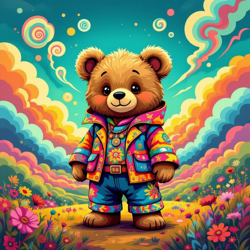Colorful Jerry Bear in Whimsical Landscape