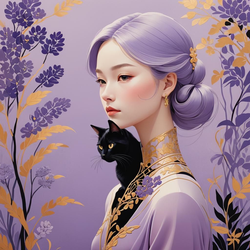 Elegant Girl and Cat in Art Nouveau Style