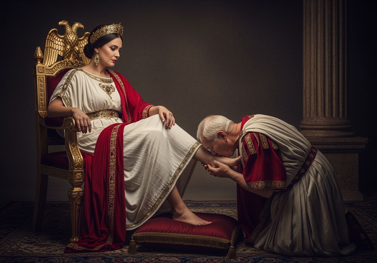 Roman Empress Sternly Judges Kneeling Senator