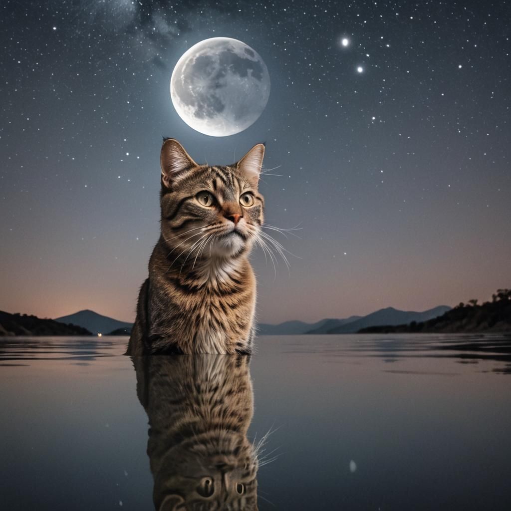 Cat Contemplates Moonlit Sky, Reflected in Eyes