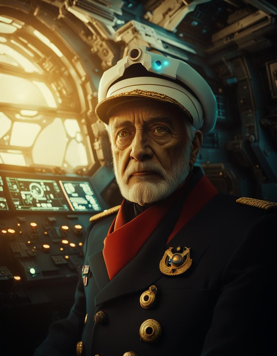 Middle Eastern Admiral with Robotic Eye on Spaceship