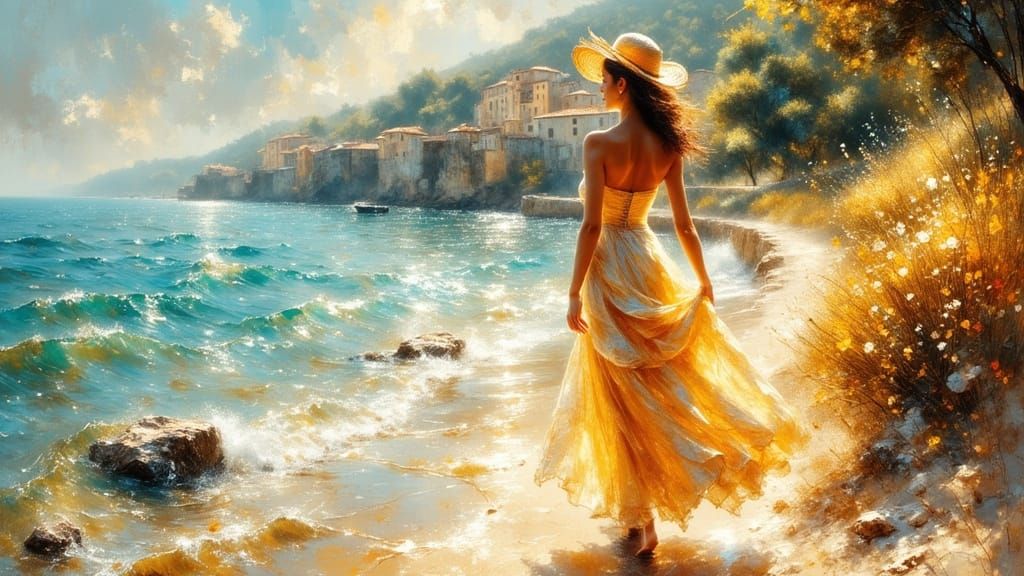 Woman Strolling Along Cote d’Azur as Impressionist Painting
