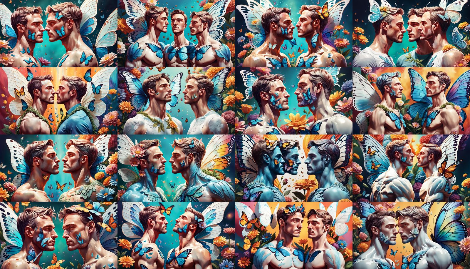 Butterfly Winged Men with Flowers: Hyperrealistic Splash Art
