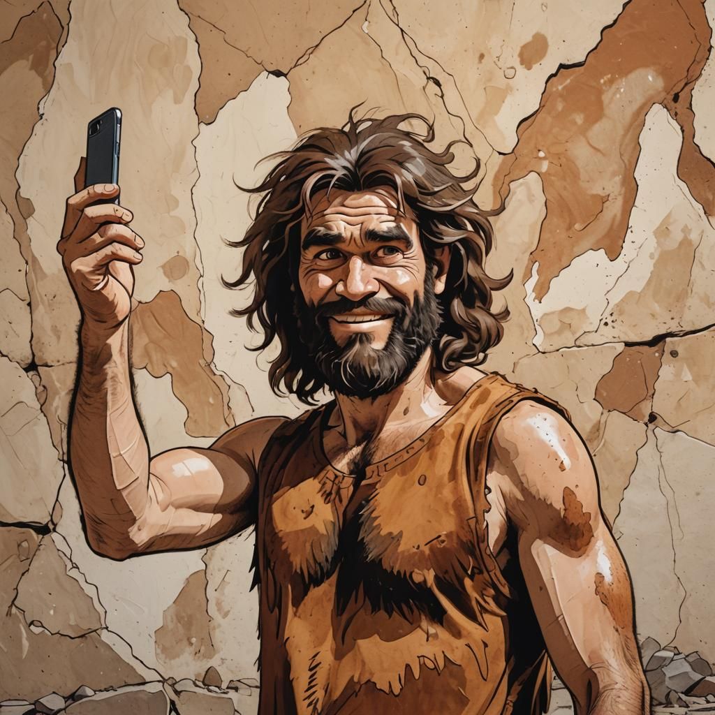 Cartoon Caveman Selfie Beside Wall Painting