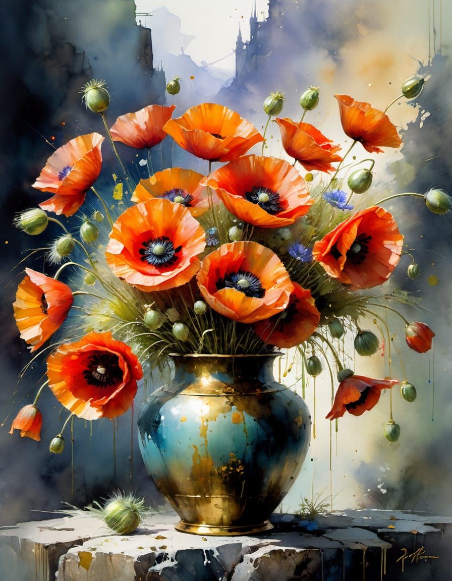 Vibrant Poppies in a Rustic Watercolor Masterpiece