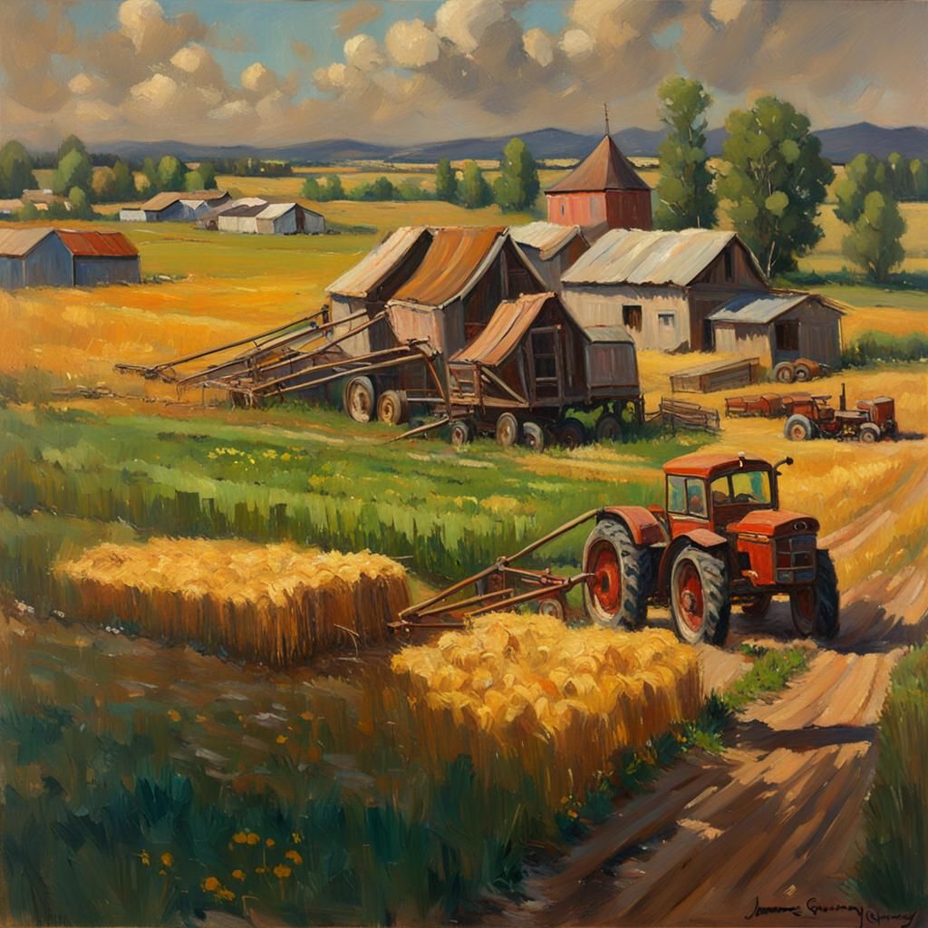 Modern Russian Wheat Farm in Oil Painting Style