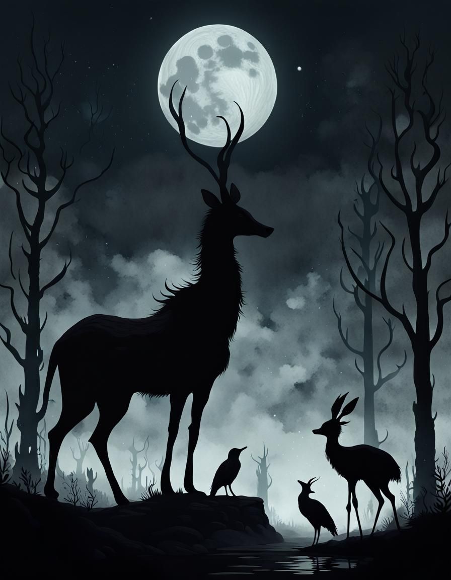 Whimsical Silhouettes in the Moonlight: Digital Painting