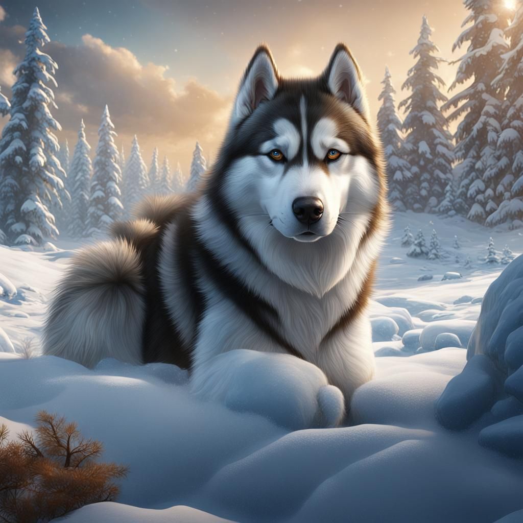 Husky Malamute in Arctic Snow, Detailed Matte Painting
