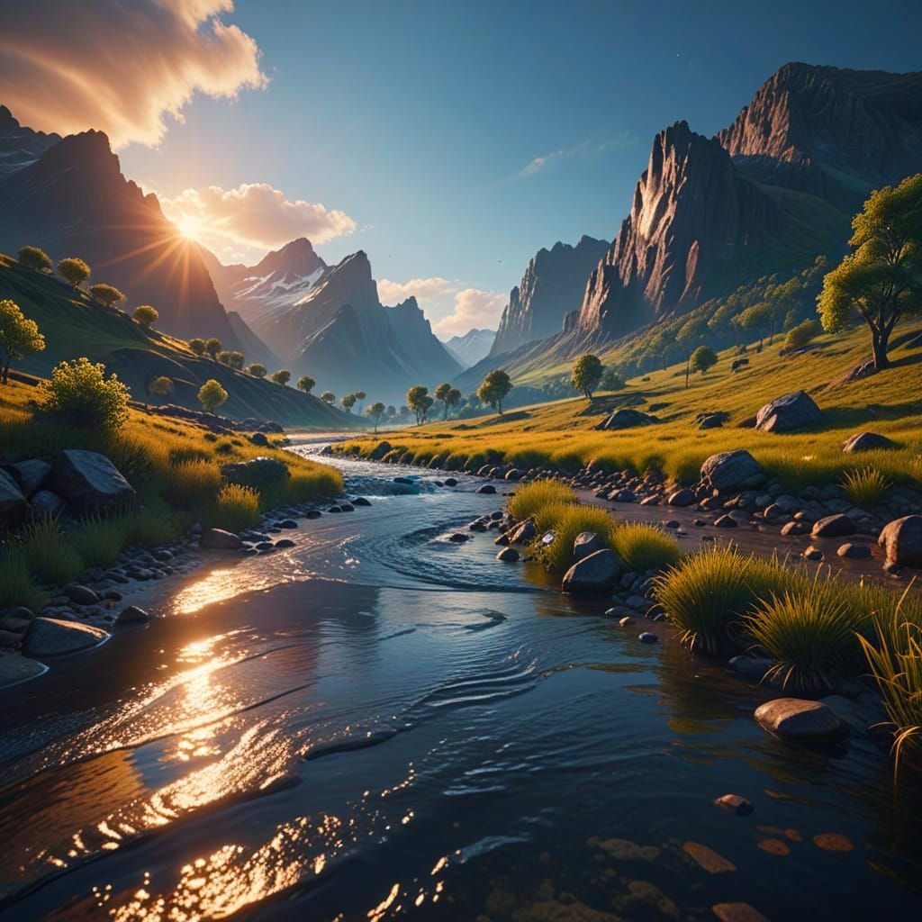 Day and Night Landscape with River, Digital Painting