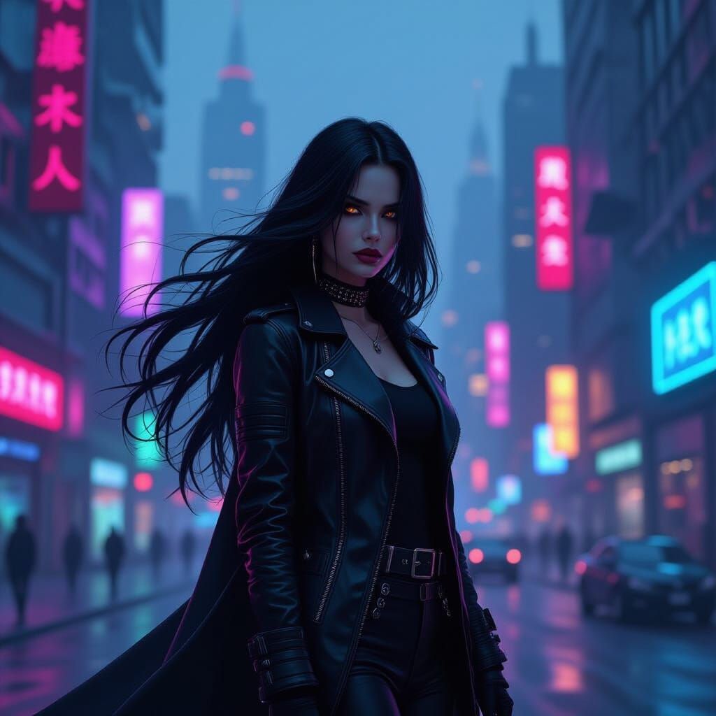 Goth Woman in Neon Cityscape, in Cyberpunk Style
