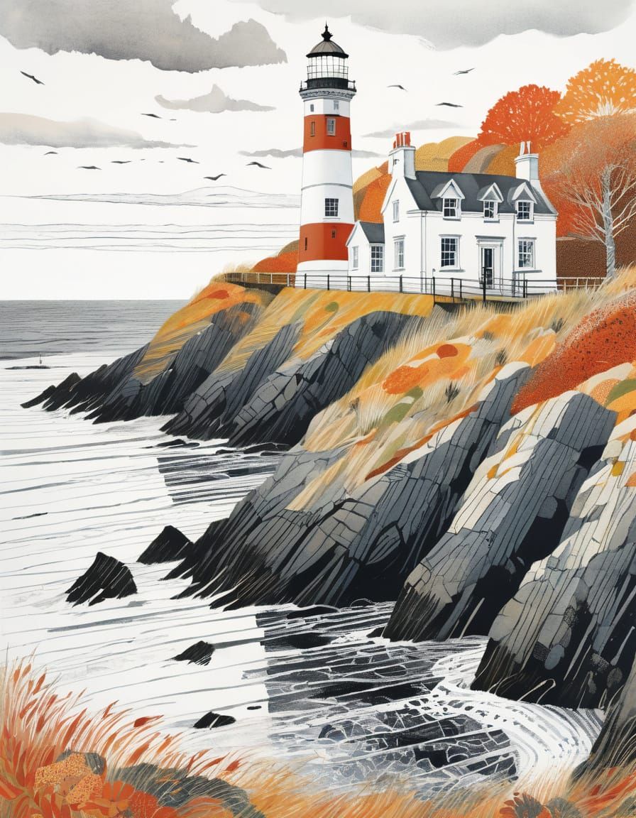 Lighthouse on Autumn Cliffside in Watercolor Style