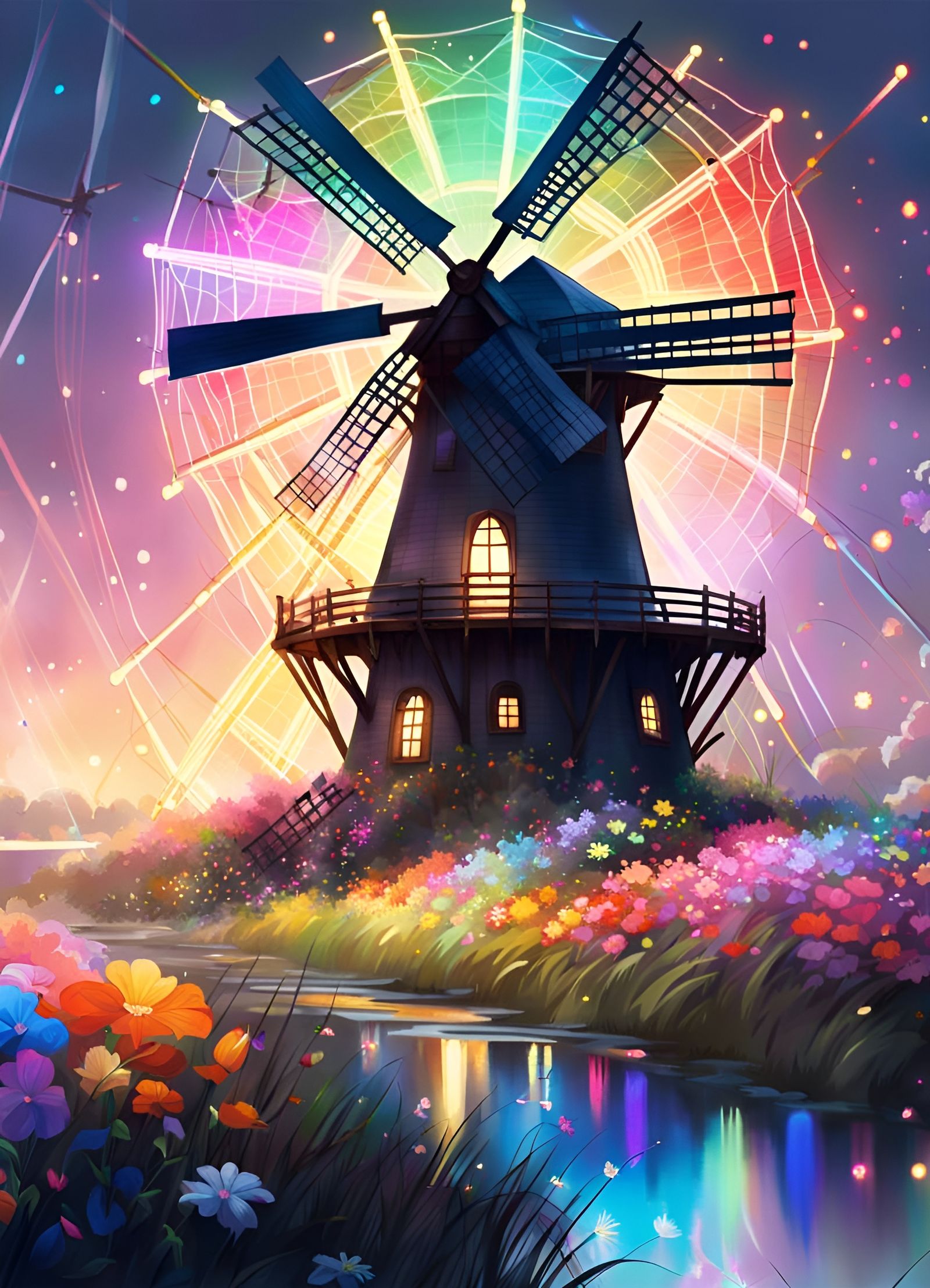 Luminous Rainbow Windmill in Digital Painting Style
