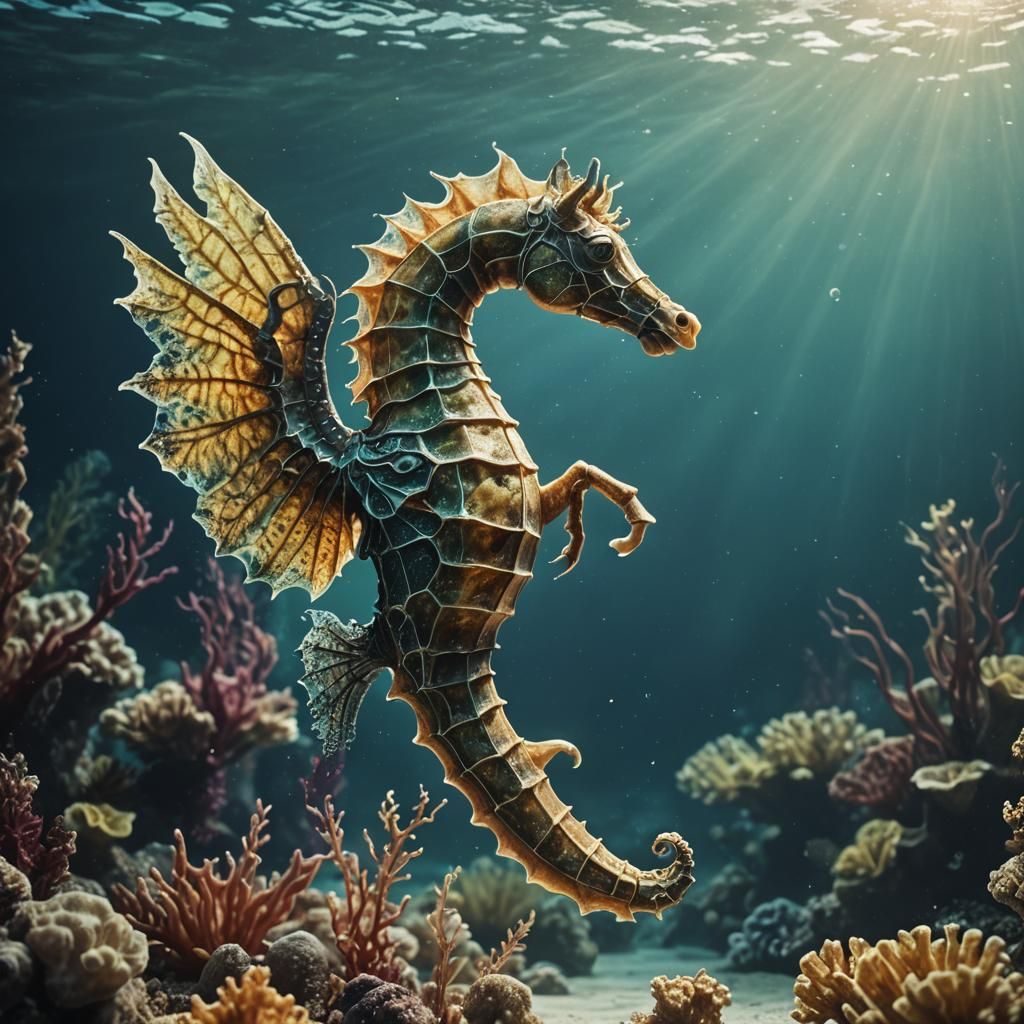 Winged Seahorse in Ocean Scene: Cinematic Film Still