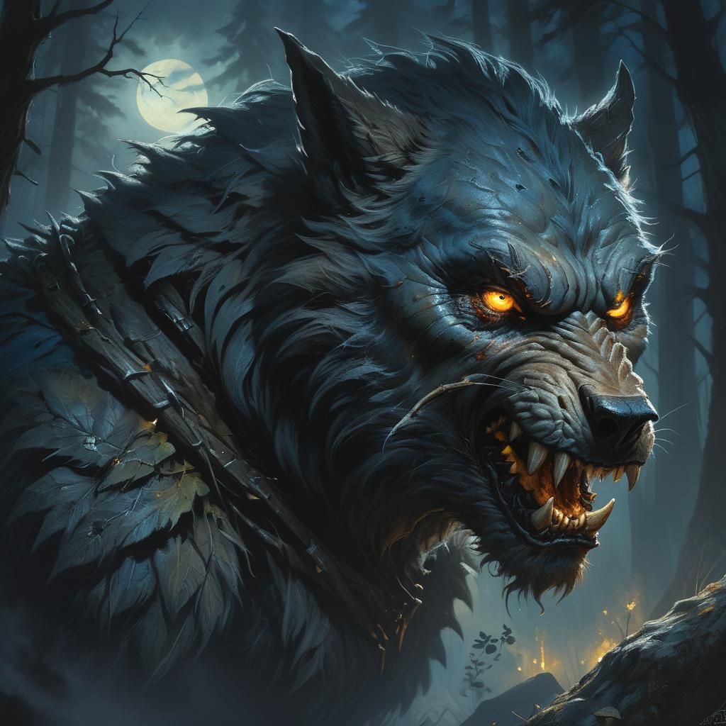 Werewolf in Forest at Dusk: Fantasy Realism Painting