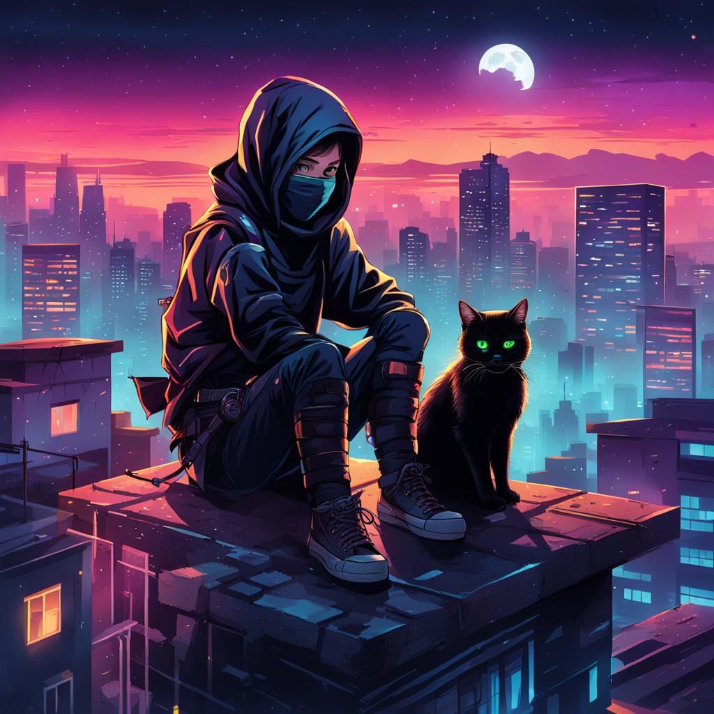Ninja and Cat Overlook Neon Cityscape