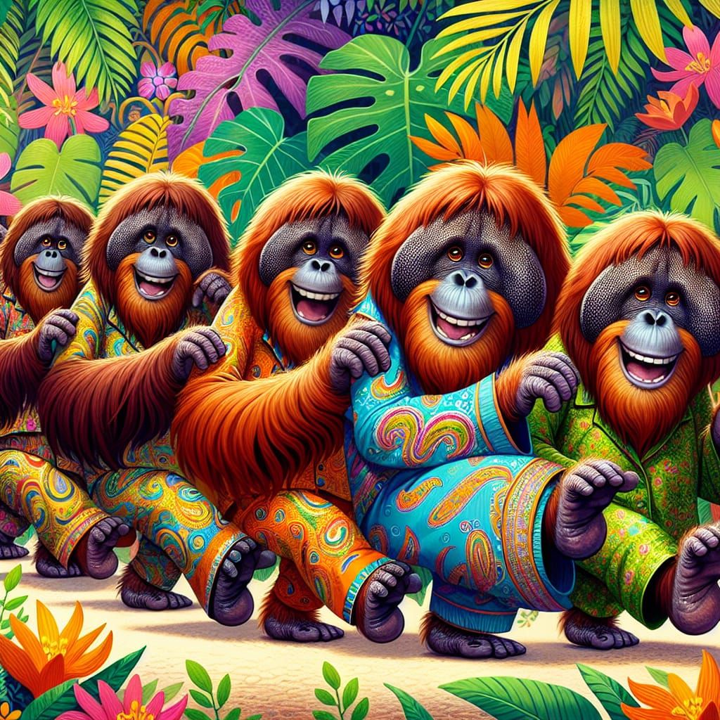 Orangutans Conga Line in Jungle with Paisley Dresses