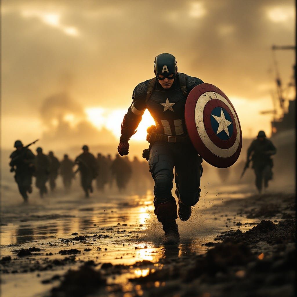 Captain America Leads Allied Troops off Landing Craft in Epi...