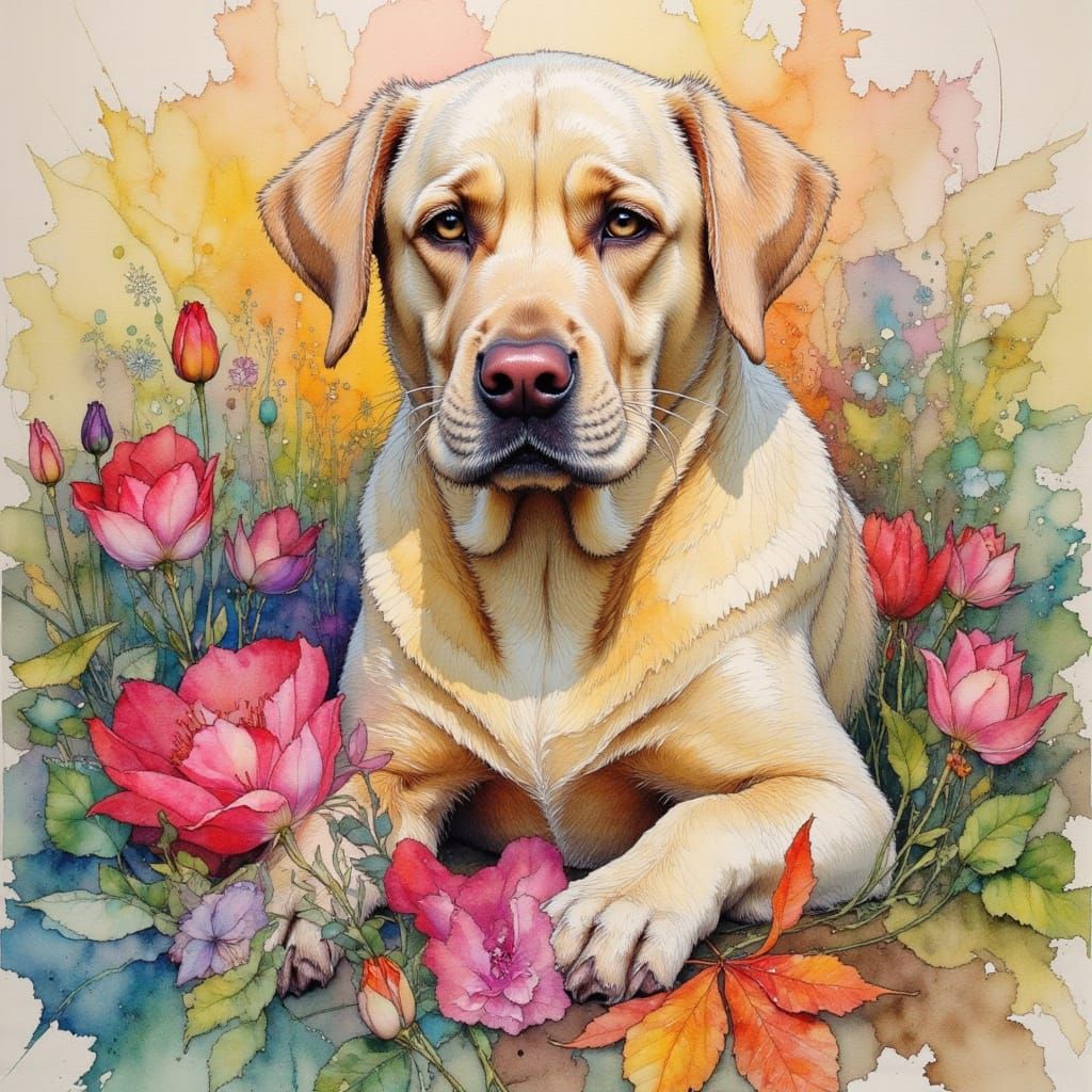 Colorful Labrador in Spring Garden, Impressionist Pastel Ske...