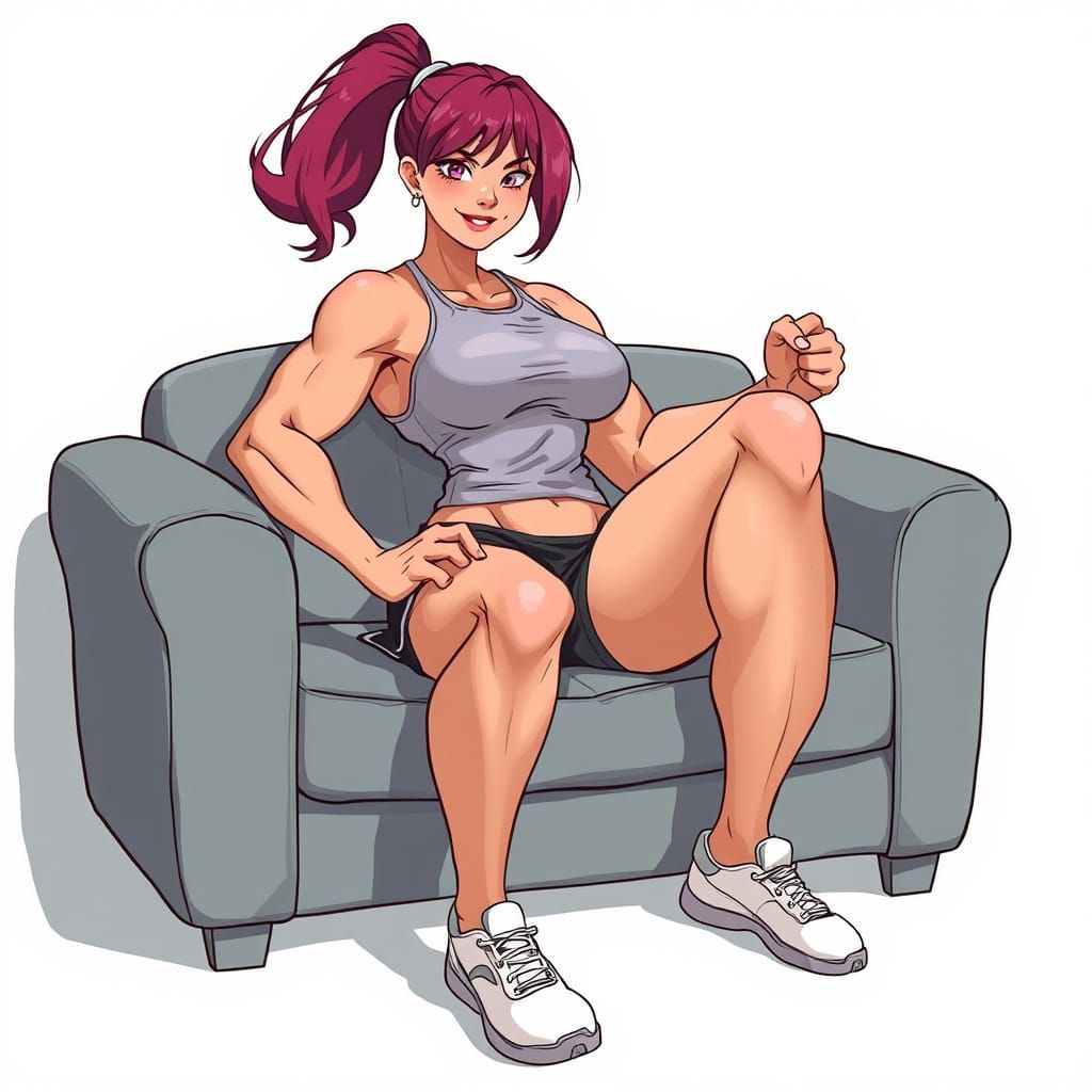 Sakura: Muscular Woman Relaxing on Sofa