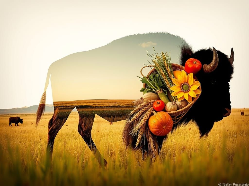Peaceful Bison Amidst Abundant Harvest in Double Exposure