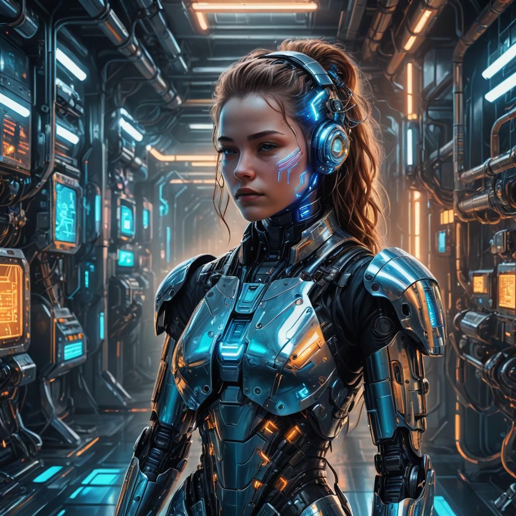 Cybernetic Goddess in Neon-Lit Laboratory