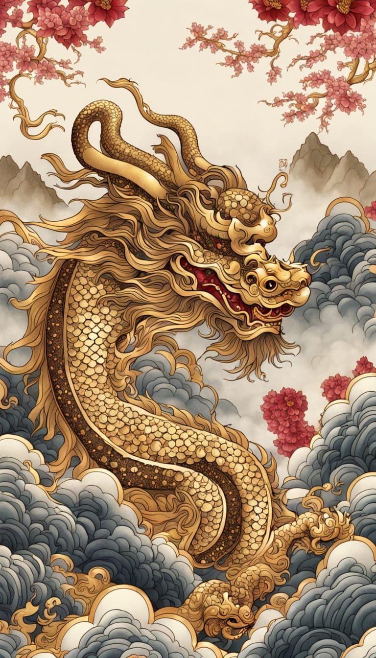 Golden Chinese Dragon Amidst Misty Mountains in Traditional ...