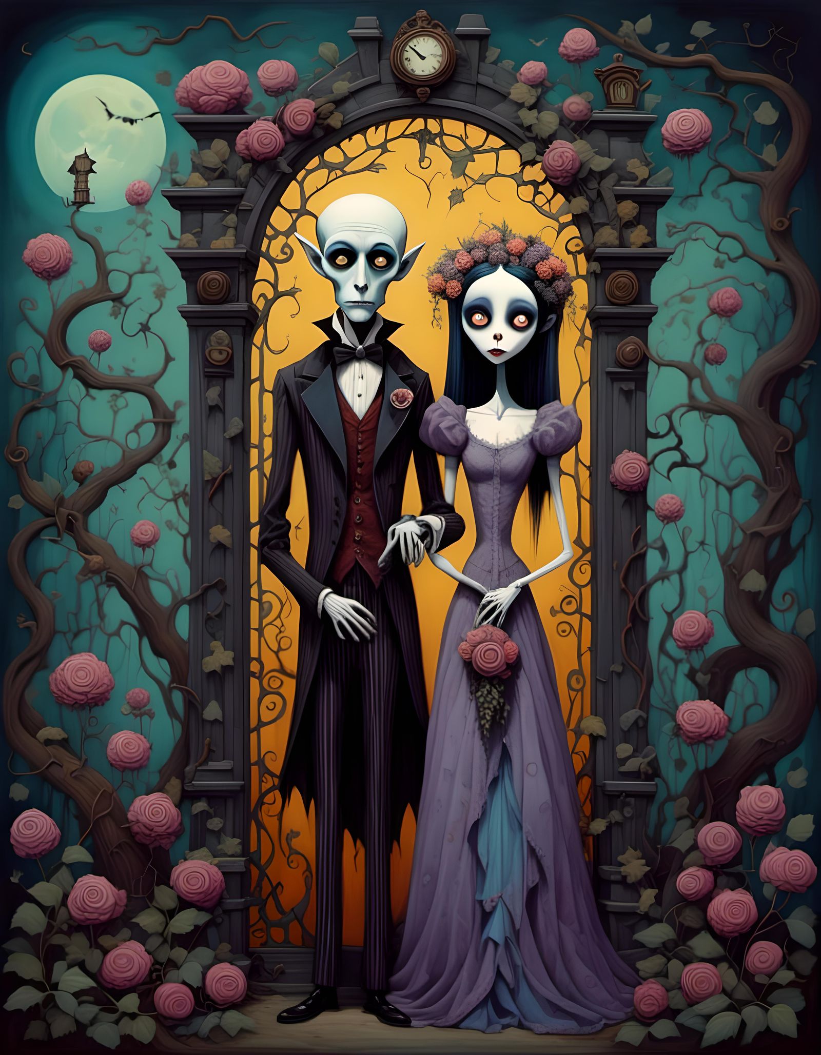 Steampunk Nosferatu and Skeletal Bride in Dark Whimsy Style