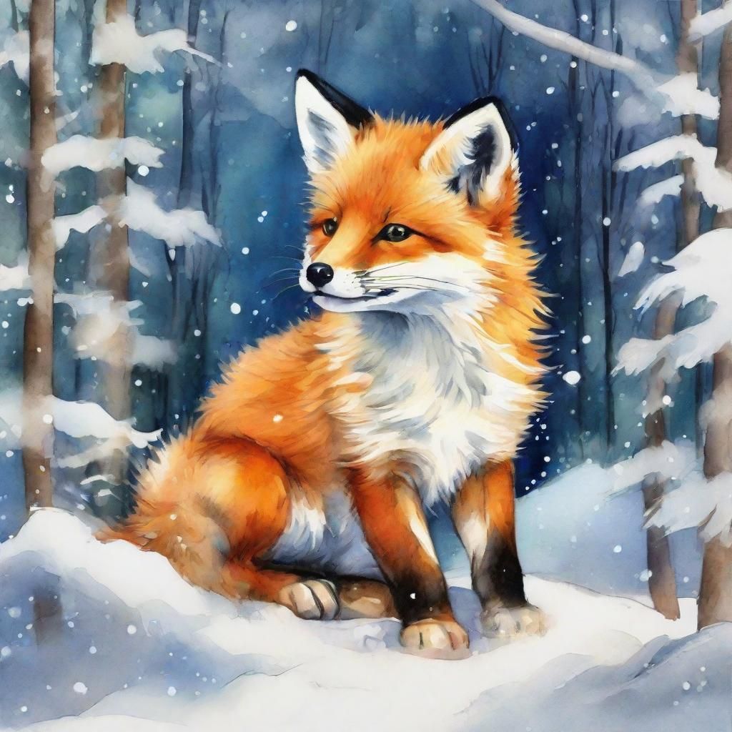 Art Deco Fox Pup in Snowy Forest