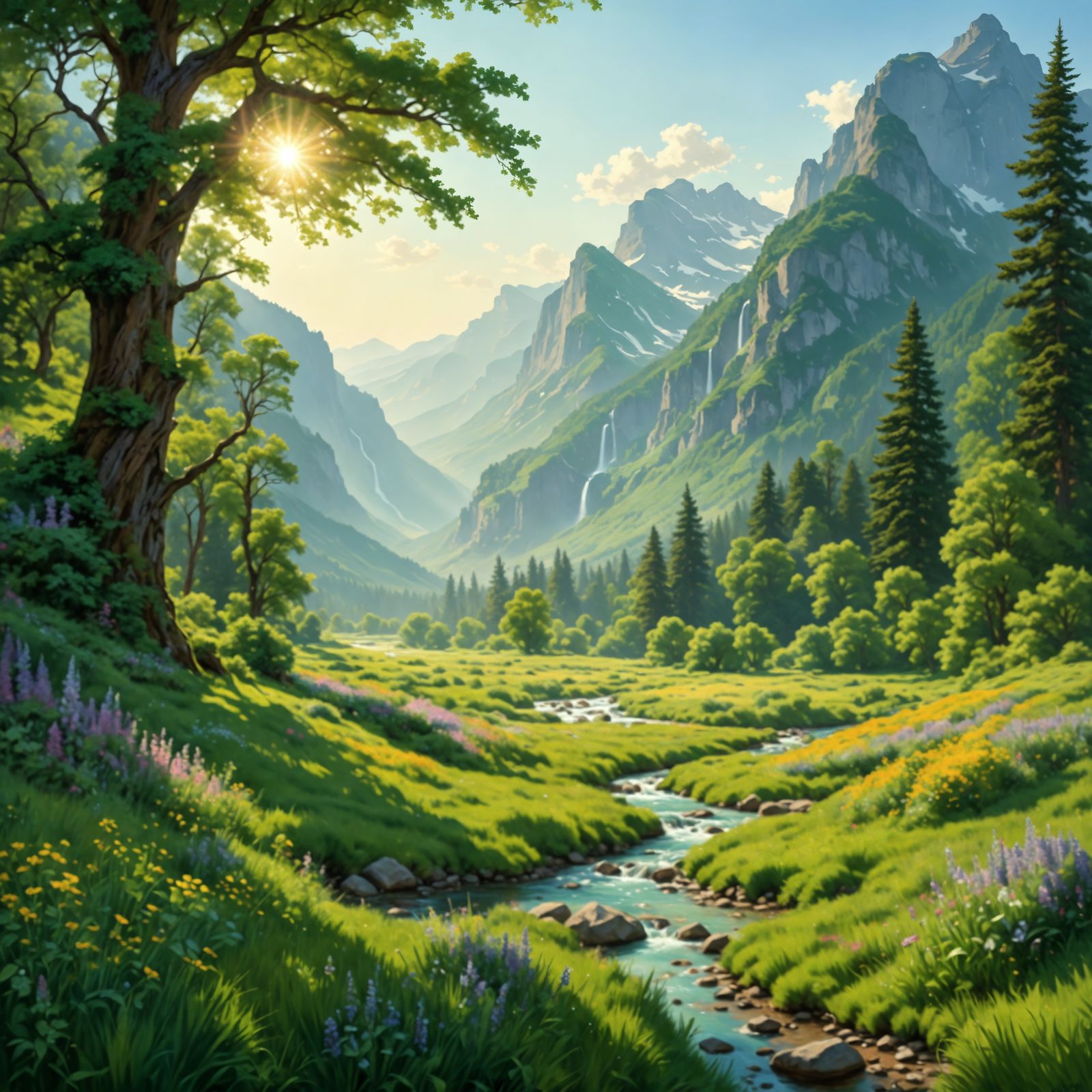 Emerald Meadow: Impressionistic Landscape with Wildflowers