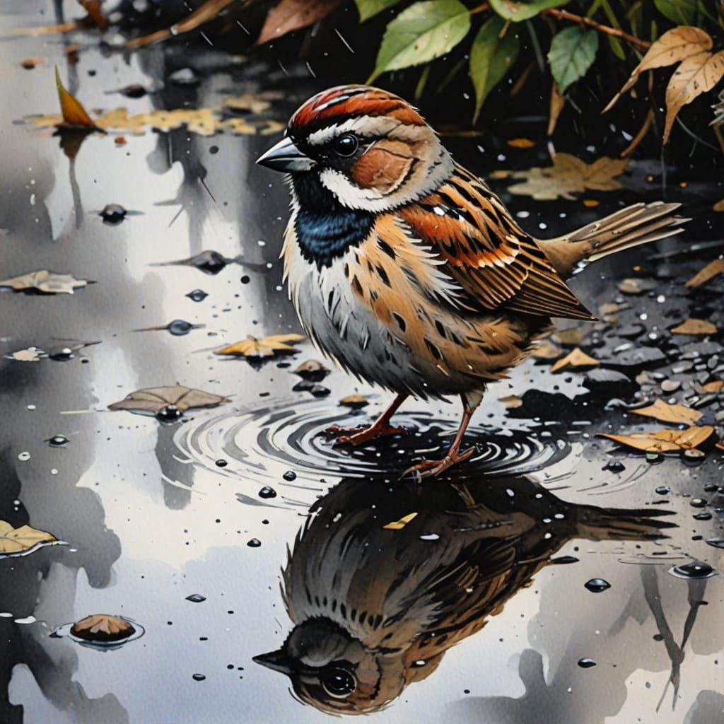 Sparrow in a puddle Ink and wet brush watercolor.